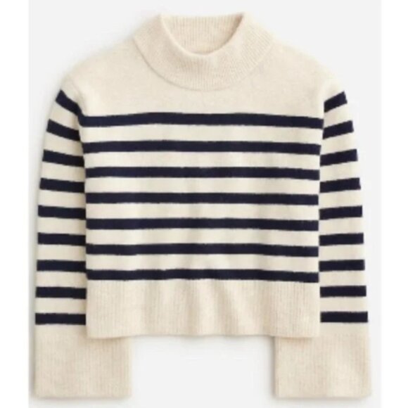 J. Crew Women's Small Striped Mock Neck Sweater Style Ivory Navy Classic Top - Picture 1 of 6